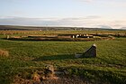 Una de las casas del asentamiento de Barnhouse. Al fondo se pueden apreciar las piedras de Stenness.