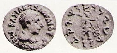 Coin of Menander II Dikaiou Obverse: Menander wearing a diadem. Greek legend: ΒΑΣΙΛΕΩΣ ΔΙΚΑΙΟΥ ΜΕΝΑΝΔΡΟΥ "King Menander the Just". Reverse: Winged figure bearing diadem and palm, with halo, probably Nike. The Kharoshthi legend reads MAHARAJASA DHARMIKASA MENADRASA "Great King, Menander, follower of the Dharma, Menander".