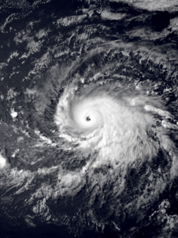 This satellite image of 1994's Hurricane Gilma was taken on July 23. The structure of the storm is similar to the number "9", with a single, large rainband curving into the center. At the center, there is a small, well-defined and very clear eye. At the time, Gilma had sustained winds of 140 knots (160 mph), making it a powerful Category 5 hurricane.