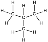 Skeletal formula of isobutane with all implicit carbons shown, and all explicit hydrogens added