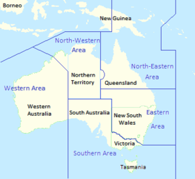 Map of Australia showing state borders, with RAAF area command boundaries superimposed