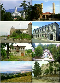 Landmarks of Shusha, from top left: Ghazanchetsots Cathedral • Yukhari Govhar Agha Mosque Shusha fortress • National Gallery History Museum • Central park Shusha skyline • House of Khurshidbanu Natavan