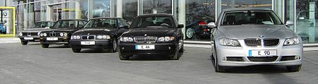 Five generations of BMW 3 Series sedans (left to right: E21, E30, E36, E46, and E90)