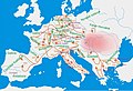 Image 21Hungarian campaigns across Europe in the 10th century. Between 899 and 970, according to contemporary sources, the researchers count 47 (38 to West and 9 to East) raids in different parts of Europe. From these campaigns only 8 were unsuccessful and the others ended with success. (from History of Hungary)