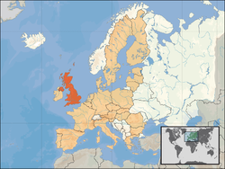 Location of United Kingdom (orange) – in Europe (tan & white) – in the European Union (tan)  [Legend]