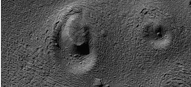 Close view of ring mold crater, as seen by HiRISE under HiWish program. Note: this is an enlargement of the previous image of a field of ring mold craters.