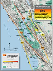 A map tracing all the fault lines in the Bay Area, and listing probabilities of earthquakes occurring on them.