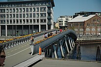 People walking across a bridge in Norway