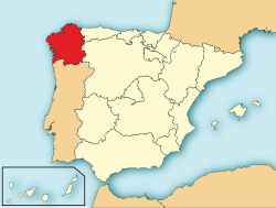 Location of the Galician State (red) within Spain (white).