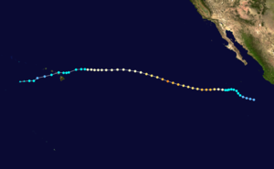 Map plotting the track and the intensity of the storm, according to the Saffir–Simpson scale