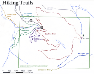 Map of trails in and near the monument. Symbols show the locations of the parking lot, the hotel, the visitor center, and Big Tree.