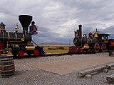 The current site of the Golden Spike National Historic Site, with replicas of No. 119 and the Jupiter facing each other to re-enact the driving of the Golden Spike.