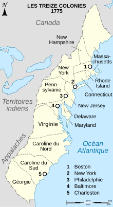 Thirteen Colonies 1775 map-fr.svg