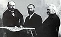 The Hungarian "ZBD" Team (Károly Zipernowsky, Ottó Bláthy, Miksa Déri). They were the inventors of the first high efficiency, closed core shunt connection Transformer. The three also invented the modern power distribution system: Instead of former series connection they connect transformers that supply the appliances in parallel to the main line.[17]