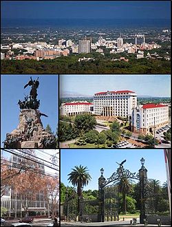 (From top to bottom; from left to right) View of Mendoza from Cerro de la Gloria; Monument to the Army of the Andes, on the summit of Cerro de la Gloria; Provincial Executive Building; Provincial Judiciary and Entry to Parque San Martín.