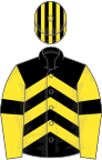 BLACK and YELLOW CHEVRONS, yellow sleeves, black armlet, black and yellow striped cap