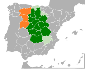 alt=Interpretación de Castilla sobre la división territorial de España de 1833:      Provincias vinculadas tradicionalmente a Castilla[10]​[11]​[12]​      Otras provincias ligadas a Castilla en distintos períodos históricos      Provincias cuya unión con Castilla se proyectó desde períodos previos al actual Estado autonómico[13]​[n. 1]​