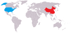 Map indicating locations of China and USA