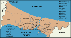 A map depicting districts, squeezed between two bodies of water; farther districts are very large compared to those clustered in the center.