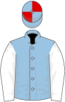 Light blue, white sleeves, light blue and red quartered cap