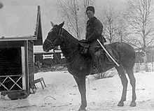 A Red Guard cavalry commander is pictured on top of his horse from the left side during the winter. A few cottage-like houses are in the background and the commander is equipped with a white sword scabbard, clearly visible from the rest of his clothing.