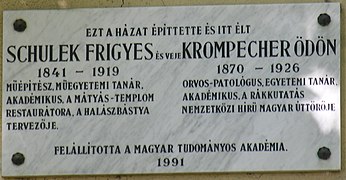 Placa conmemorativa a Schulek Frigyes y Krompecher Ödön emléktábla, Budapest, XI., Ménesi út 19.