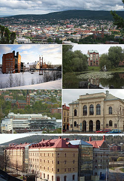 Top:Panorama view of downtown Sundsvall, Stenstaden and South Stadsberget, 2nd left:Mid Sweden University (Mittuniversitetet), 2nd right:Court of Appeal for Lower Norrland in Bunsouska Pond, 3rd left:North Gate Arena and Gustav Adolf Church, 3rd right:Sundsvall Theater, Bottom:Kulturmagasinet, Sundsvall Museum and Library