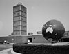 The Johnson Wax building with a large globe in the foreground