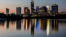 Downtown Austin's skyline as seen from Lady Bird Lake in August 2014