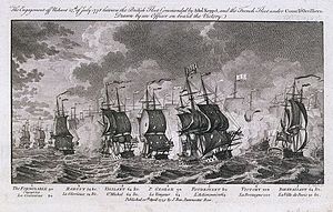 HMS Prince George (на первом плане слева) при о. Уэссан, 12 апреля 1778; гравюра