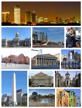 From top, left to right: panoramic view of the central business district, the Palace of the Argentine National Congress, Puente de la Mujer in Puerto Madero, tango dancers in San Telmo, Casa Rosada, the Metropolitan Cathedral, the Cabildo, the Obelisco, the Teatro Colón, La Recoleta Cemetery, the Planetario within the Palermo Woods, and Caminito in La Boca.