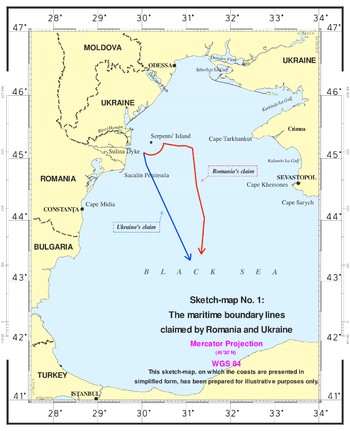 Map of the Black Sea and surrounding area, with red and blue boundary lines