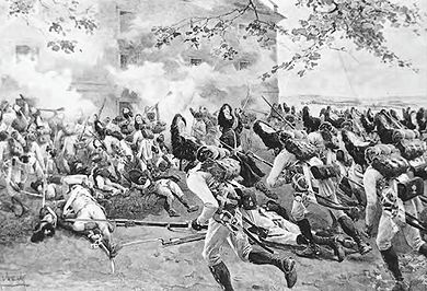 Armed men attempt to storm the fortified granary.