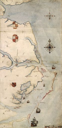 Virginea Pars map, including Roanoke Island, drawn by John White during his initial visit in 1585