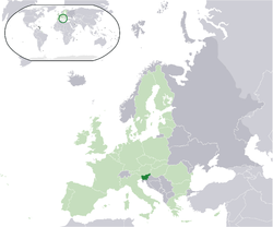 Location of Slovenia (dark green) – in Europe (light green & dark grey) – in the European Union (light green)  –  [Legend]