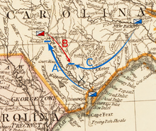 Moore moves from Wilmington, in the southeast of the state, northwest toward Cross Creek in the south-central part of the state. Caswell moves south from New Bern, inland from the middle of the North Carolina coast, toward Corbett's Ferry. MacDonald moves over the Cape Fear River and then southeast toward Corbett's Ferry.