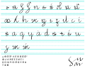 Handwritten cursive alphabet written in black on cyan lines