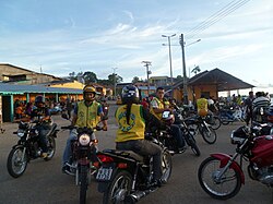 Motorcycle taxi drivers on the streets of Tabatinga, Brazil's border with Colombia.