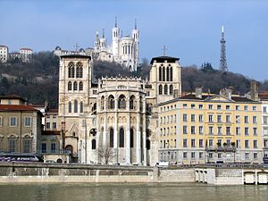 Three of the main sights in Lyon, the Cathedral St-Jean, the Basilica Notre Dame de Fourvière, and the Tour métallique de Fourvière.