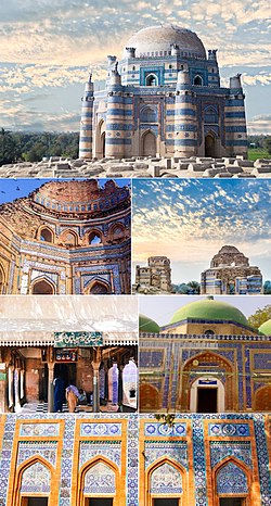 The tomb of Bibi Jawindi from 1493, the tombs of Nuriya and Baha 'al Halim, mosque of Mahboob Subhani, the mosque at the shrine of Jahaniyan Jahangasht, entry to the shrine of Jahaniyan Jahangasht, exposed interior of the tomb of Baha'al Halim