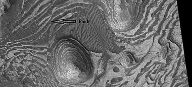 Layers and faults in Firsoff Crater, as seen by HiRISE under HiWish program. Arrows show one large fault, but there are other smaller ones in the picture.