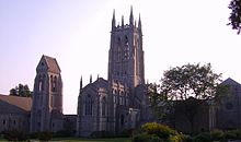 Exterior of a large church with many spires