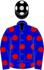 Blue, red spots, black cap, white spots