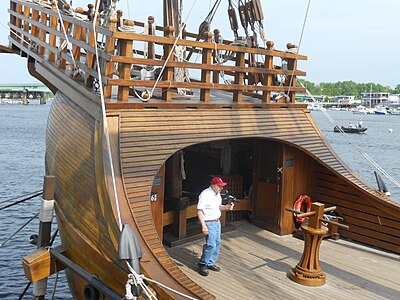 Forecastle, roofed by the foredeck. The vertical device is a capstan for weighing anchor. The senior crew lived here.