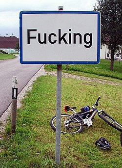 The frequently stolen traffic sign,[1] at the entrance to the village of Fucking.