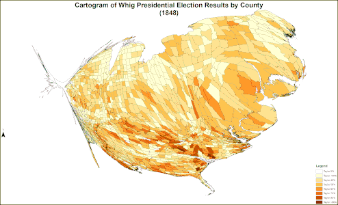 Cartogram of Whig presidential election results by county