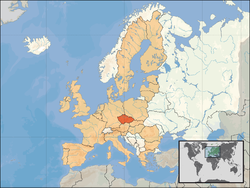 Location of the Czech Republic (orange) – in Europe (tan & white) – in the European Union (tan)  [Legend]