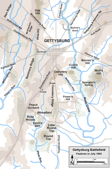 Map showing place names, topography and waterways surrounding Gettysburg.