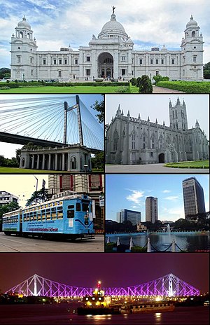 Clockwise from top: Victoria Memorial, St. Paul's Cathedral, Kolkata Gate, Rabindra Setu, City Tram Line, Vidyasagar Setu