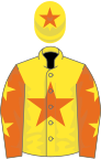 Yellow, orange star, orange sleeves, yellow stars, yellow cap, orange star